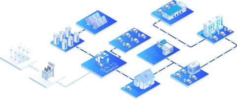 A conceptual illustration of a smart grid system, showing interconnected elements representing different components of renewable energy infrastructure. Each element is connected by lines and nodes, symbolising the flow and distribution of electricity within the smart grid network.