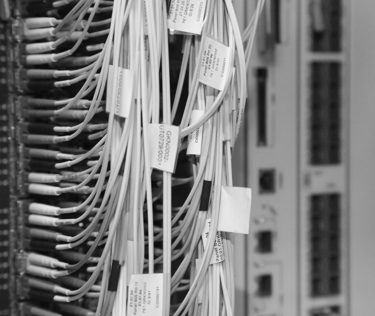 Black and white close-up image of fibre cables plugged into a machine