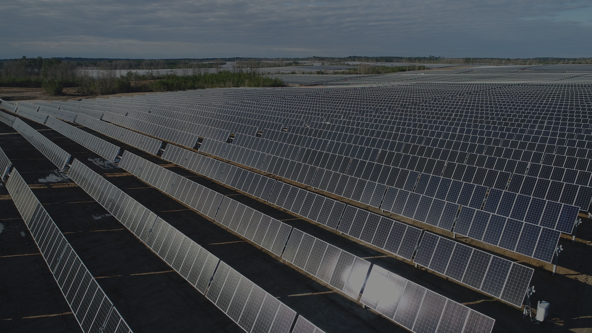 An expansive solar farm with rows upon rows of solar panels stretching out towards the horizon in neat, parallel lines.