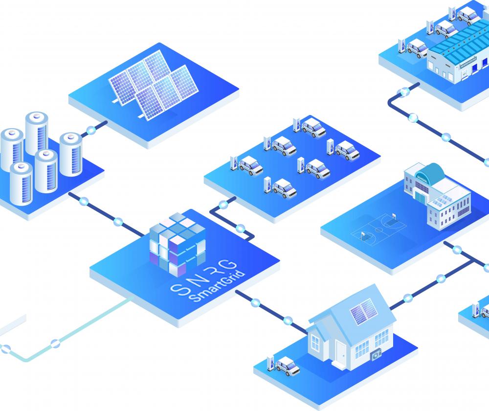 A conceptual illustration of a smart grid system, showing interconnected elements representing different components of renewable energy infrastructure. Each element is connected by lines and nodes, symbolising the flow and distribution of electricity within the smart grid network.